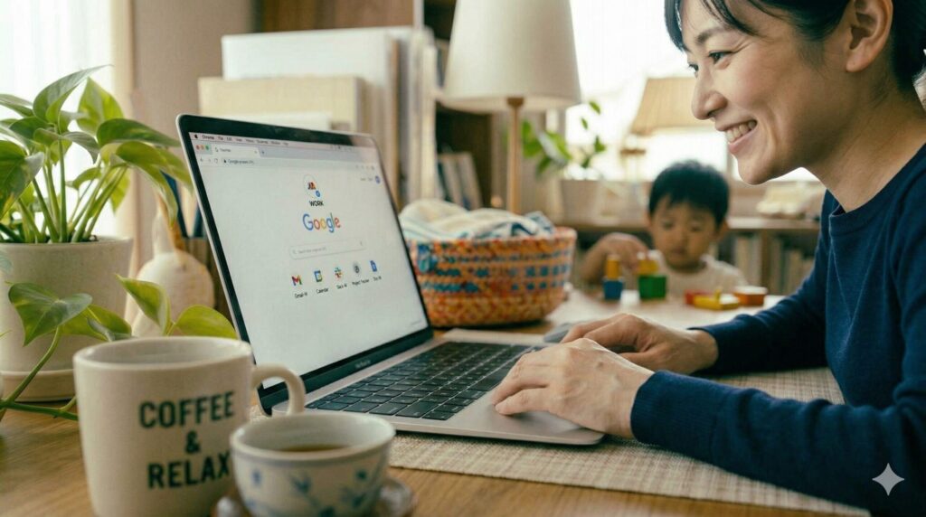 個人の情報が一切ないスッキリとした画面を見て、「これなら安心！」と自信とプロ意識に満ちた笑顔で作業を始める